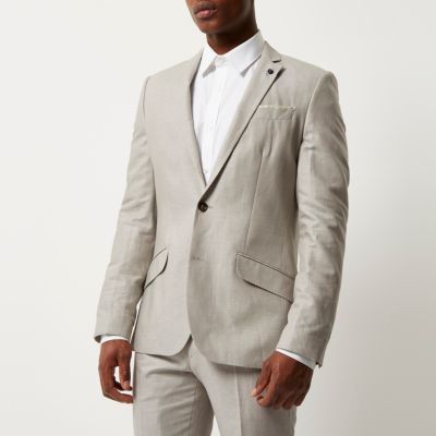 Beige linen-blend print slim suit jacket